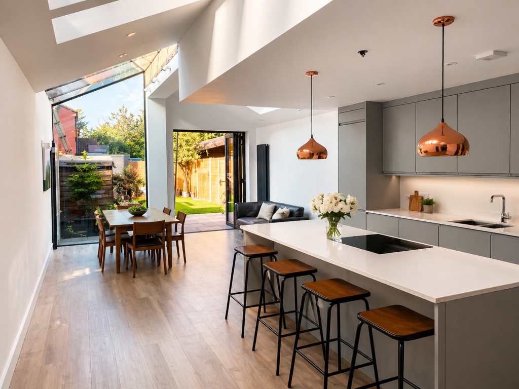 Modern kitchen extension completed by Albdeco, local builder in Kingston upon Thames.